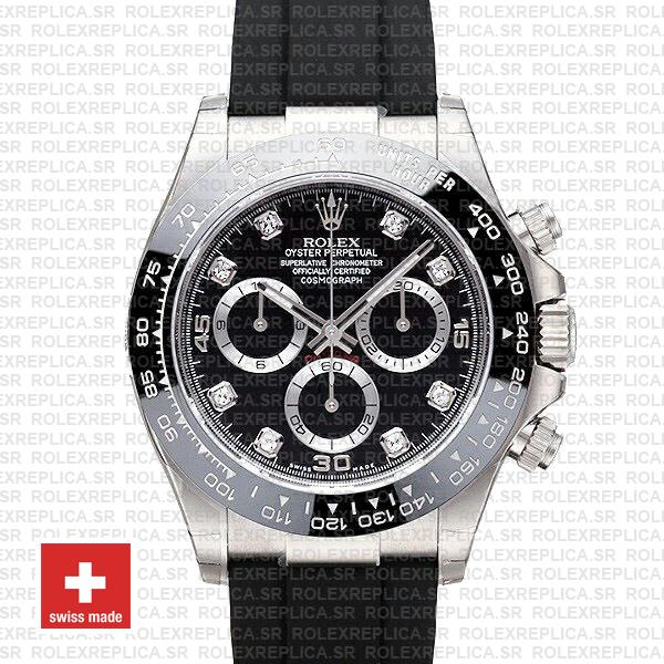 Rolex Daytona White Gold Rubber Strap Black Diamond Dial