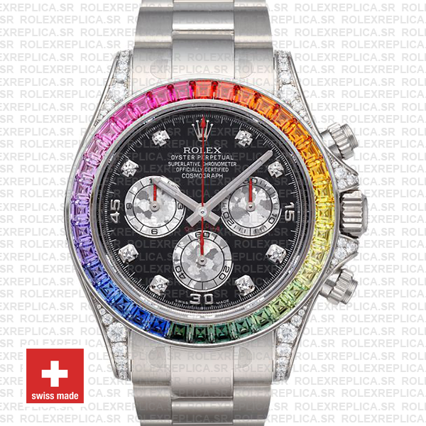 Rolex Daytona White Gold Rainbow Bezel Black Diamond Watch