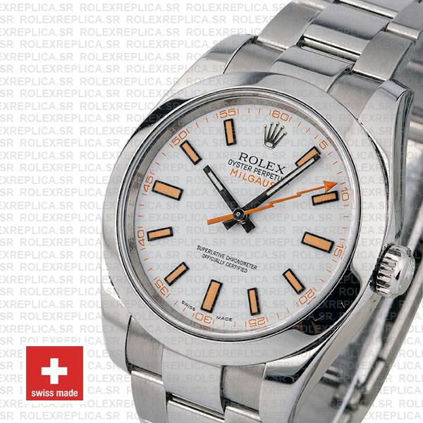 Rolex Milgauss Oyster Perpetual Stainless Steel White Dial Replica Watch, 904L Steel Oyster Bracelet 40mm