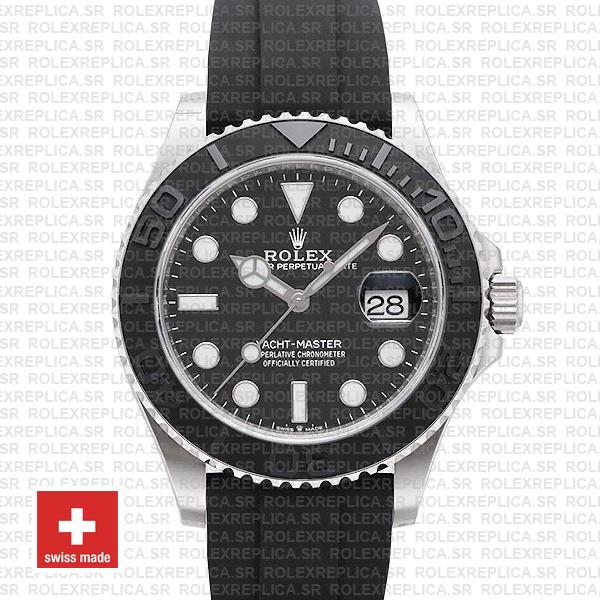 Rolex Yacht-Master Black Dial White Gold Rubber Strap Watch