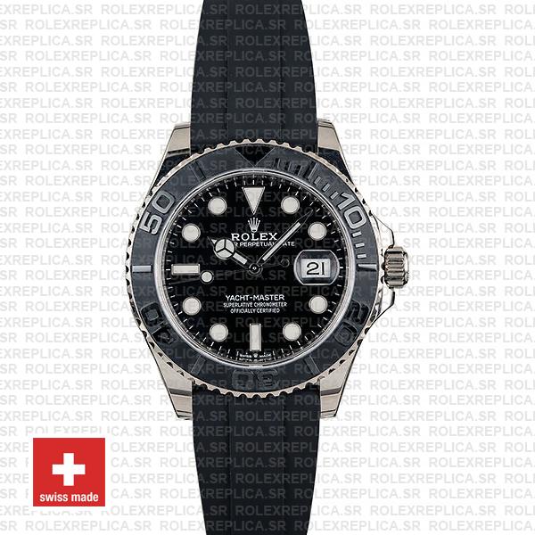 Rolex Yacht-Master Black Dial White Gold Rubber Strap Swiss Replica Watch